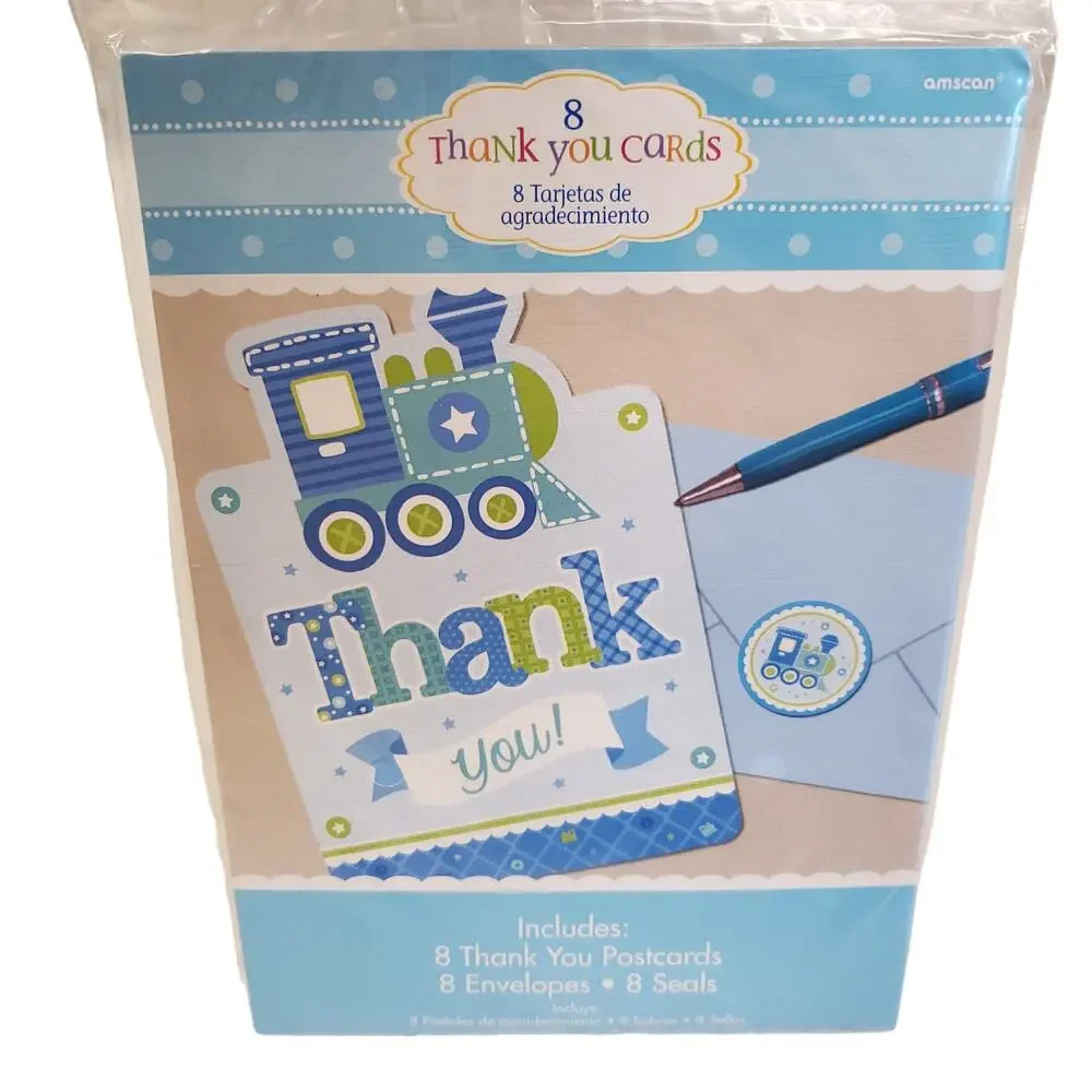 Baby Boy Thank You Cards Postcards Train Cards with Envelopes 8 Pack NEW